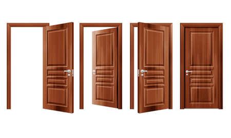 Modern wooden opened and closed door in different positions realistic set isolated vector Illustrationのイラスト素材