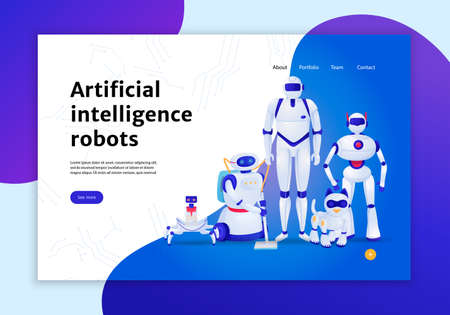Artificial intelligence robots concept of web banner on blue white background vector illustrationのイラスト素材