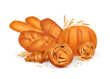 Colored bread bakery realistic composition with croissants baguettes buns on white background vector illustrationのイラスト素材