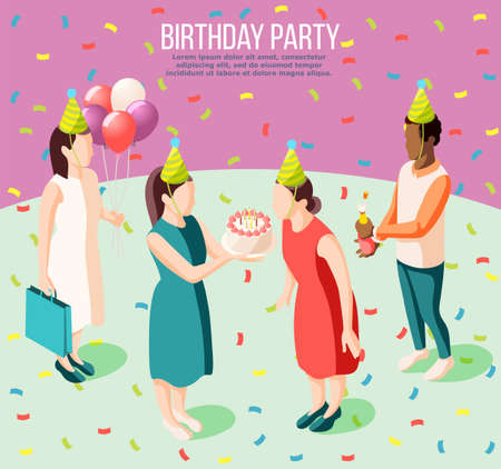 Birthday party isometric poster illustrated girl blowing birthday candles and her friends giving presents vector illustrationのイラスト素材