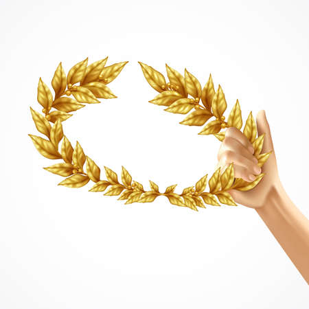 Golden laurel wreath in human hand realistic design concept isolated on white background vector Illustrationのイラスト素材