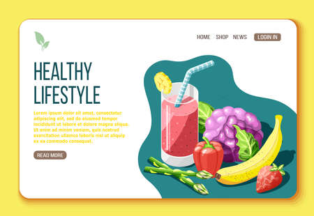 Healthy lifestyle isometric landing page with text and visual information about foods that are useful for body vector illustrationのイラスト素材