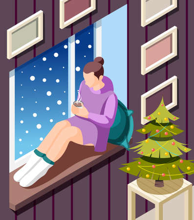 Cozy winter isometric background with young woman sitting on windowsill warming up with hot cocoa at christmas tree vector illustrationのイラスト素材
