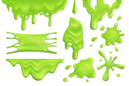 Realistic set of green slime blots and drops isolated on white background vector illustrationのイラスト素材