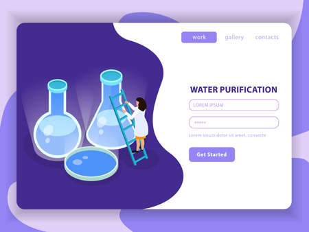 Water purification isometric colored composition with water purification button get started and registration form vector illustrationのイラスト素材
