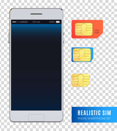 Colored and realistic sim phone smartphone icon set with various sizes of sim cards for device vector illustrationのイラスト素材