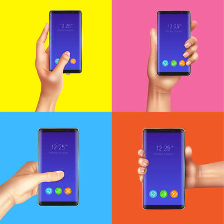 Realistic gadgets design concept with hands holding black smart phones on colorful background isolated vector illustrationのイラスト素材