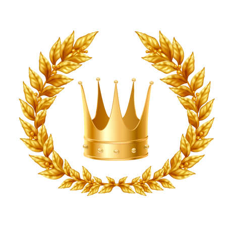 Realistic design concept with golden laurel wreath and crown on white background  isolated vector Illustrationのイラスト素材