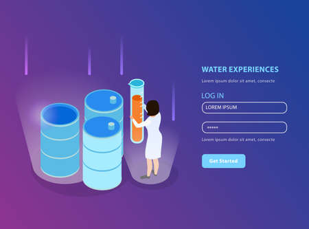 Water purification isometric landing page for website with registration form and water experiences description vector illustrationのイラスト素材
