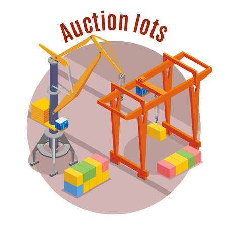 Seaport colored isometric background with auction lots description and in round shape vector illustrationのイラスト素材