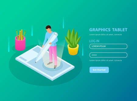 People and interfaces isometric composition with registration form and graphic tablet description vector illustrationのイラスト素材