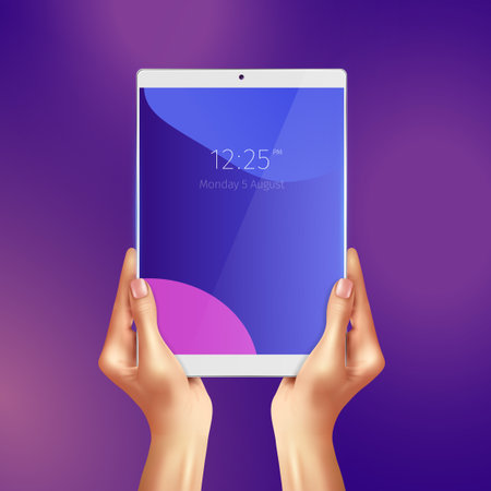 Hands holding realistic white tablet with date and time at screen on purple background vector illustrationのイラスト素材