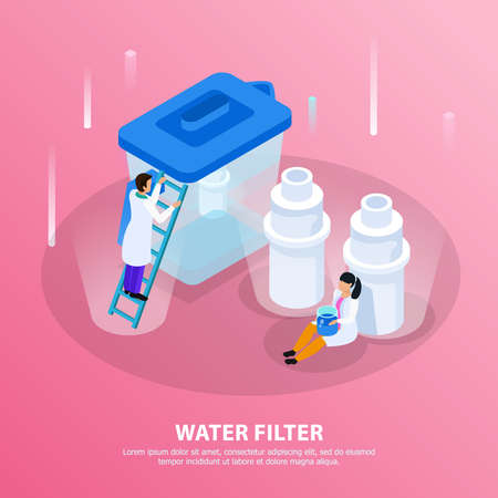 Water purification isometric background with water filter headline and scientists at the lab vector illustrationのイラスト素材