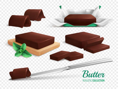 Slices rolls and sticks of delicious chocolate butter realistic set isolated on transparent background vector illustrationのイラスト素材