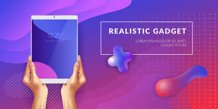 Realistic tablet in female hands on textured colored background with elements of fluid medium vector illustrationのイラスト素材