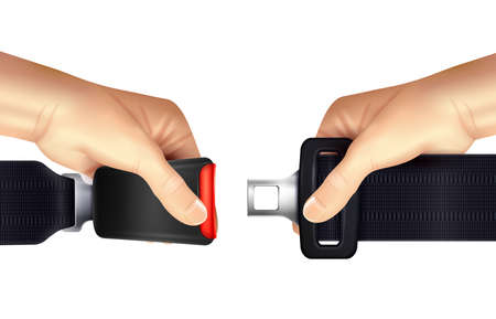 Hands holding unblocked seat belt on white background realistic vector illustrationのイラスト素材