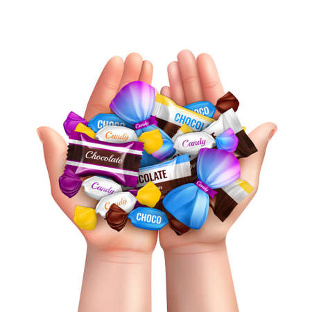Realistic composition with heap of various chocolate candies in child hands vector illustrationのイラスト素材