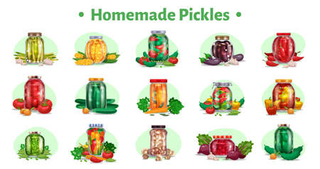 Pickles horizontal set of fifteen isolated images with marinated vegetables in glass jars with ripe fruits vector illustrationのイラスト素材
