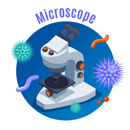 Microbiology isometric background with round composition microscope and different isometric science elements vector illustrationのイラスト素材