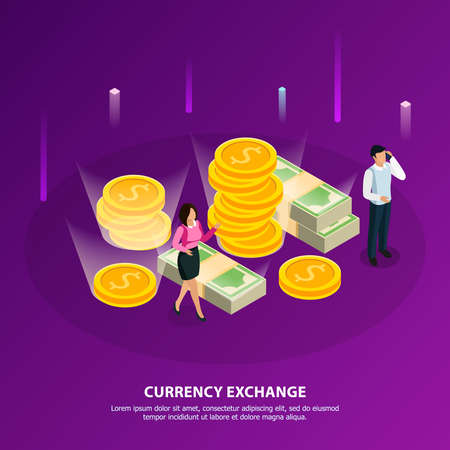 Stock exchange isometric banner with currency exchange headline and white collar make a money vector illustrationのイラスト素材