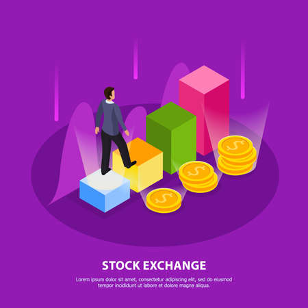 Stock exchange isometric composition with stock exchange headline and abstract elements vector illustrationのイラスト素材