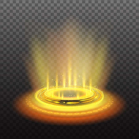 Realistic circular magic portal with yellow light streams and sparkles on dark transparent background vector illustrationのイラスト素材