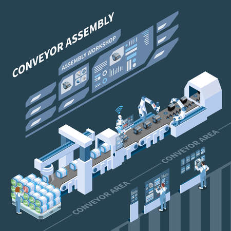Intelligent manufacturing isometric composition with holographic control panel of assembly conveyor on dark background vector illustrationのイラスト素材