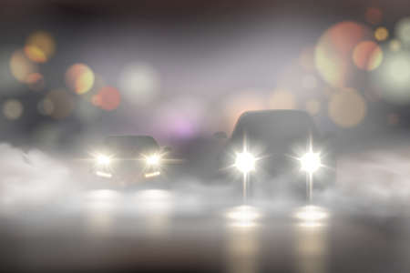 Realistic car lights in fog composition with two cars on the road and bokeh texture vector...