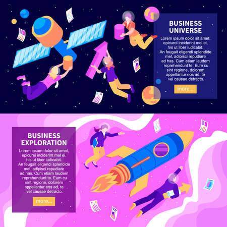 Business universe and  business exploration two abstract horizontal banners isometric vector illustrationのイラスト素材