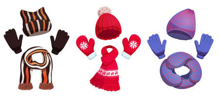 Seasonal winter scarf hats collection with three sets of colourful cold weather clothing on blank background vector illustrationのイラスト素材