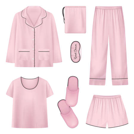 Pink and isolated realistic sleepwear house slippers sleeptime icon set with shirt slippers pants vector illustrationのイラスト素材