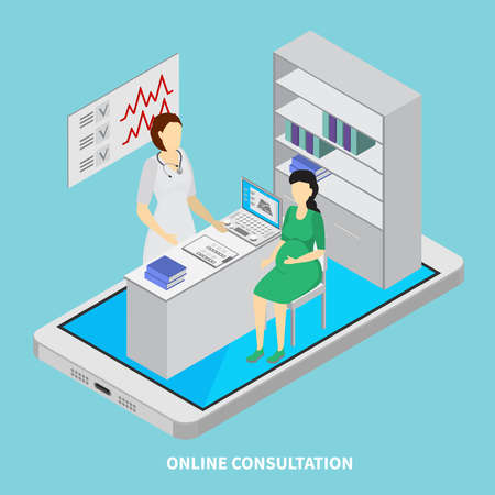 Mobile medicine concept with online consultation  symbols isometric vector illustrationのイラスト素材