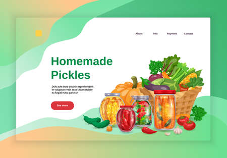 Pickles concept banners website landing page design with images text and clickable links with more button vector illustrationのイラスト素材