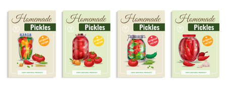 Pickles poster set with four compositions of glass vegetables in transparent mason jars with editable text vector illustrationのイラスト素材