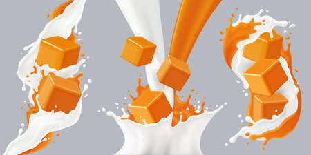 Colored realistic splashes caramel icon set with caramel cubes and milk splashes vector illustrationのイラスト素材
