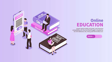 Online education horizontal banner with small people figurines sitting on big tutorials promoting distance study isometric vector illustrationのイラスト素材