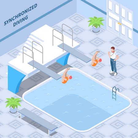 Trainer and girls athletes in red swim suits during synchronized diving workout isometric composition vector illustrationのイラスト素材