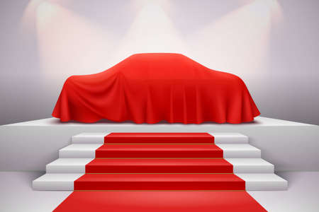 Luxury car covered with red silk draped cloth presentation on podium with staircase carpet realistic vector illustrationのイラスト素材