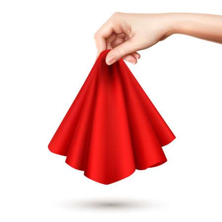 Elegant female hand raising red silk round draped silk cloth holding it center realistic image vector illustrationのイラスト素材