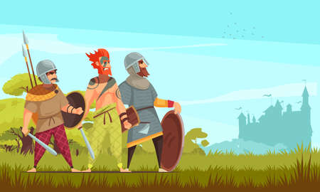 Ancient hunter background with weapons and wild animals flat vector illustrationのイラスト素材
