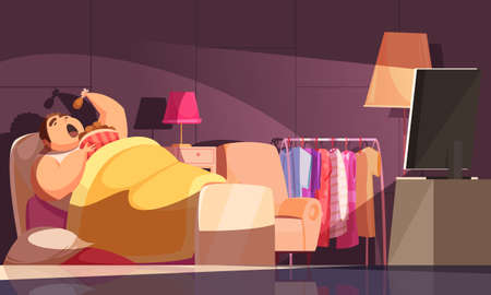 Gluttony night background with eating in bed symbols flat vector illustrationのイラスト素材