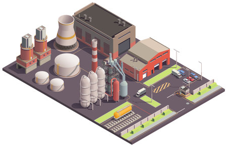 Industrial buildings isometric composition with view of plantsite area with images of plant buildings and facilities vector illustrationのイラスト素材