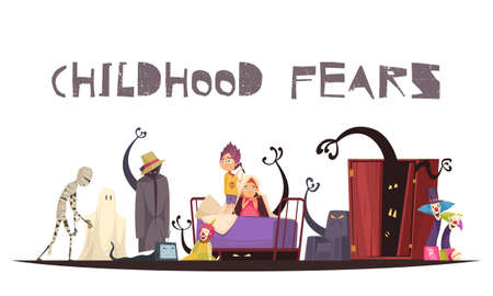 Childhood fears concept with ghosts monsters and clowns symbols vector illustrationのイラスト素材