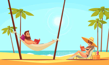 Beach reading background with sand palms and sea flat vector illustrationのイラスト素材