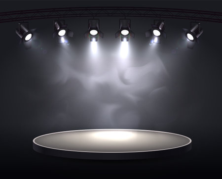 Spotlights realistic composition with round plot highlighted by six spot lights throwing bright light through smoke vector illustrationのイラスト素材