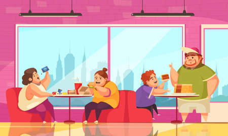 Gluttony and cafe background with people overeating symbols flat vector illustrationのイラスト素材