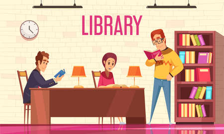People reading books in library background with bookshelf flat vector illustrationのイラスト素材