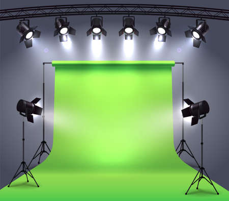 Spotlights realistic composition with photo shooting studio environment chroma key cyclorama surrounded by professional spot lights vector illustrationのイラスト素材