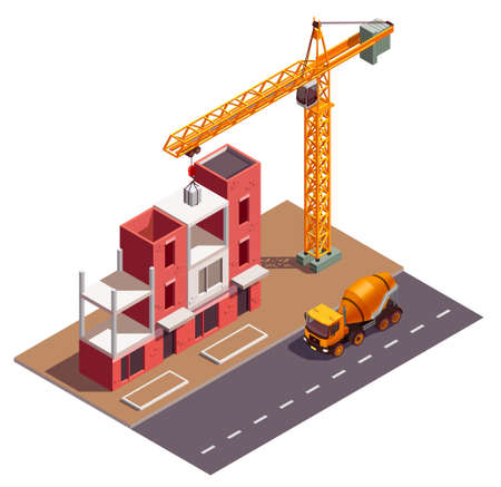 Townhouse buildings isometric composition with view of building site crane and residential dwelling house under construction vector illustrationのイラスト素材