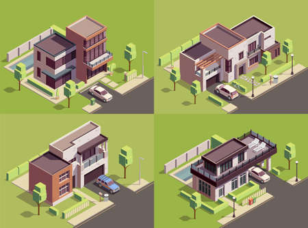 Suburbian buildings isometric 2x2 compositions set with four landmarks residential yards landscapes with modern villa houses vector illustrationのイラスト素材